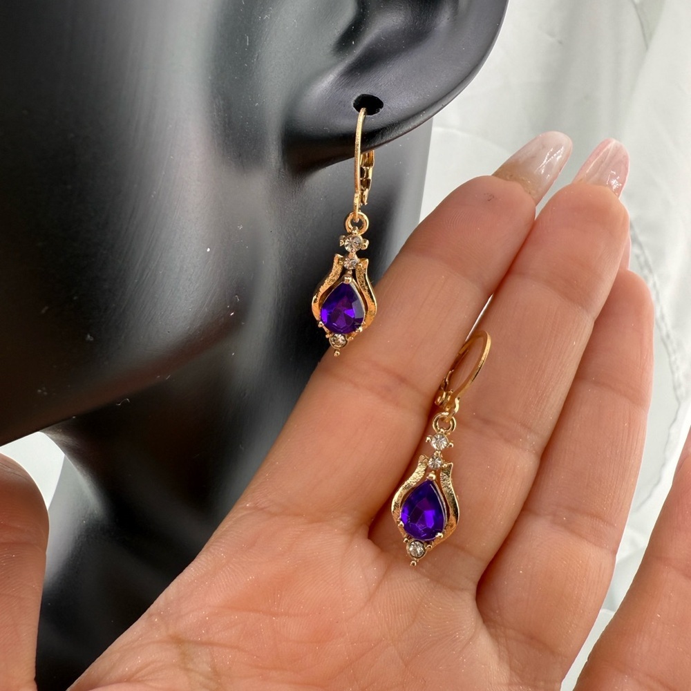 Gold and Purple Teardrop Earrings with Sparkling Accents - Picture 7 of 8